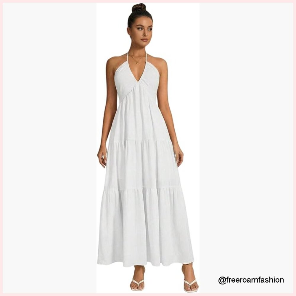 Backless Halter Maxi Dress, Flowy Boho Wedding Guest Formal Summer